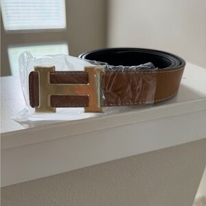 Men's Brown Leather Belt with Gold Buckle